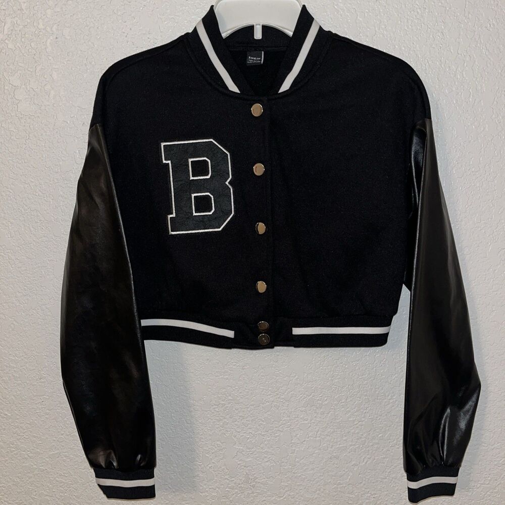 Shein Cropped Varsity Jacket Black Faux Leather Women Sz Small